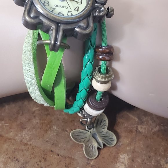 Beaded Bracelet Boho Watch - Butterfly Charm - Green - Picture 5 of 9